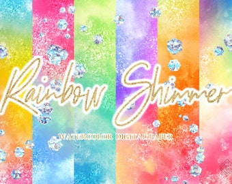 Rainbow Watercolor Digital Paper: Glitter Shimmer Water Color Backgrounds (JPG Download)