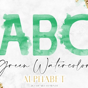 Mint Green Watercolor Digital Alphabet - Water Color Letter PNG Clipart - Printable Monogram Lettering Clip Art - Modern Font Graphics