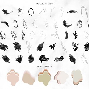 May include: A set of black abstract shapes and a set of pastel colored abstract shapes. The black shapes are hand-drawn and include circles, lines, and squiggles. The pastel shapes are more geometric and include circles, squares, and rectangles.