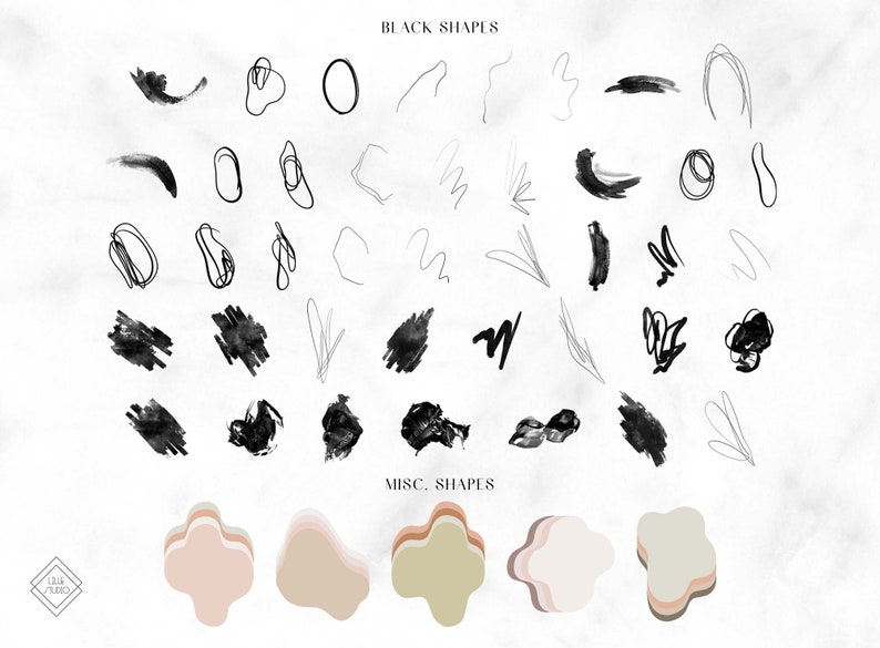 May include: A set of black abstract shapes and a set of pastel colored abstract shapes. The black shapes are hand-drawn and include circles, lines, and squiggles. The pastel shapes are more geometric and include circles, squares, and rectangles.