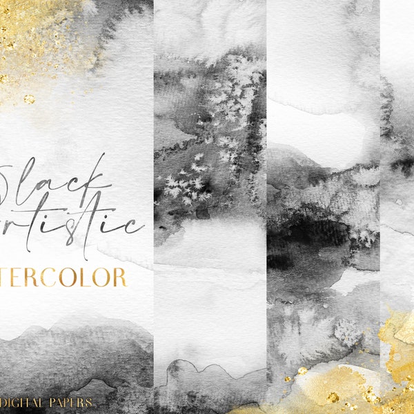 Black Grey Watercolor Digital Paper Background - Gray Water Color Splash JPG Design - Artistic Texture Backgrounds For Canva Instagram