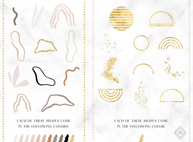 May include: A set of abstract shapes in various colors, including pink, brown, black, and gold. The shapes are simple and geometric, and they are arranged in a grid pattern. The shapes are perfect for use in digital design or for creating physical artwork.