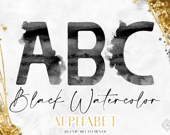 Black Watercolor Alphabet Clipart: Modern Monogram Letter Graphics (PNG Digital Download)