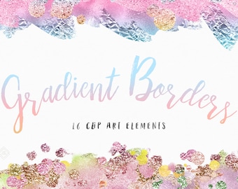 Rainbow Glitter Border Clipart: Pastel Watercolor Colorful Confetti Frames, Unicorn Color Graphics (Digital Download)
