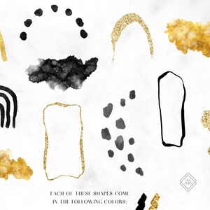 May include: A set of digital clipart featuring abstract shapes in black and gold. The shapes include arches, circles, squares, and free-form shapes.  Each shape is available in both black and gold.