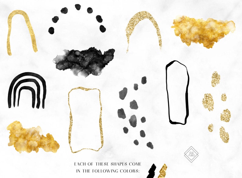 May include: A set of digital clipart featuring abstract shapes in black and gold. The shapes include arches, circles, squares, and free-form shapes.  Each shape is available in both black and gold.