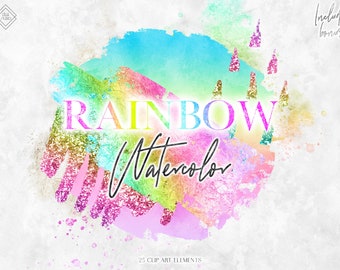 Rainbow Watercolor Clipart: Colorful Bright Brush Strokes & Shapes (PNG Graphics Digital Download)