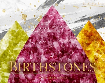 Birthstone Gemstone Clipart: Crystal, Diamond, Opal Graphics & Watercolor Brush Strokes (PNG Digital Download)