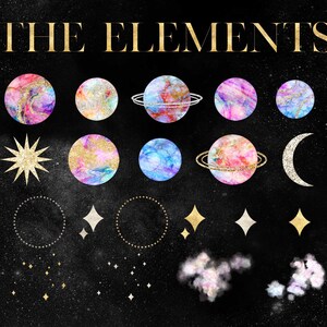 Pu&ograve; includere: Un set di illustrazioni digitali che presentano pianeti, stelle e lune ad acquerello con accenti di glitter dorati. Le illustrazioni sono su uno sfondo nero con un motivo di cielo stellato. Il testo "THE ELEMENTS" &egrave; in cima all'immagine.