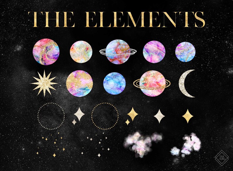 Pu&ograve; includere: Un set di illustrazioni digitali che presentano pianeti, stelle e lune ad acquerello con accenti di glitter dorati. Le illustrazioni sono su uno sfondo nero con un motivo di cielo stellato. Il testo "THE ELEMENTS" &egrave; in cima all'immagine.