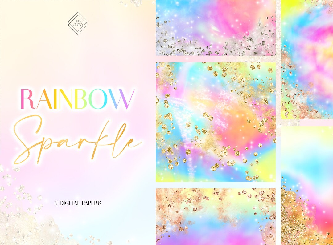 Mermaid Digital Paper, Pastel Rainbow Watercolor Sparkle, Printable Cards  Background. Stock Illustration