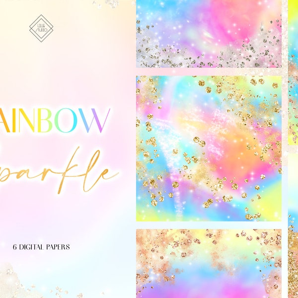 Rainbow Glitter Digital Paper - Colorful Neon Gradient Background - Bright Aura Rose Gold Silver Sparkle Shimmer Design Graphics