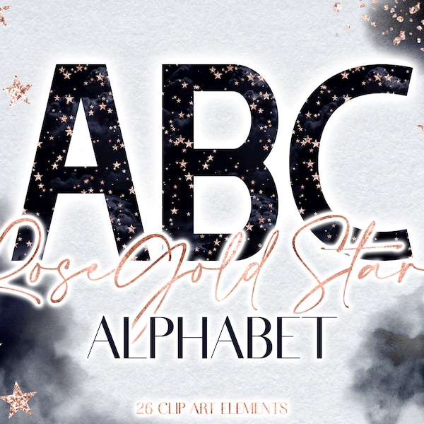 Rose Gold Star Digital Alphabet Clipart - Dark Blue Cloud Night Sky Letter Graphics - Metallic Glitter Celestial Monogram PNG Lettering