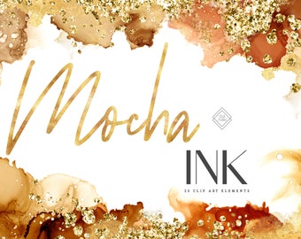 Brown Alcohol Ink Clipart: Modern Glitter Watercolor PNG Graphics (Digital Download)