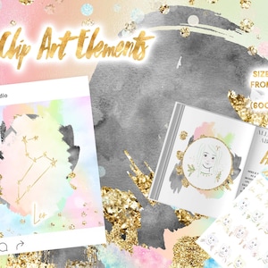 May include: 83 watercolor and gold glitter clip art elements featuring zodiac signs, including Leo and Aries. The image shows a watercolor background with gold glitter accents. The zodiac signs are drawn in gold and are surrounded by a watercolor background. The image also includes a text box with the words "All About Aries".