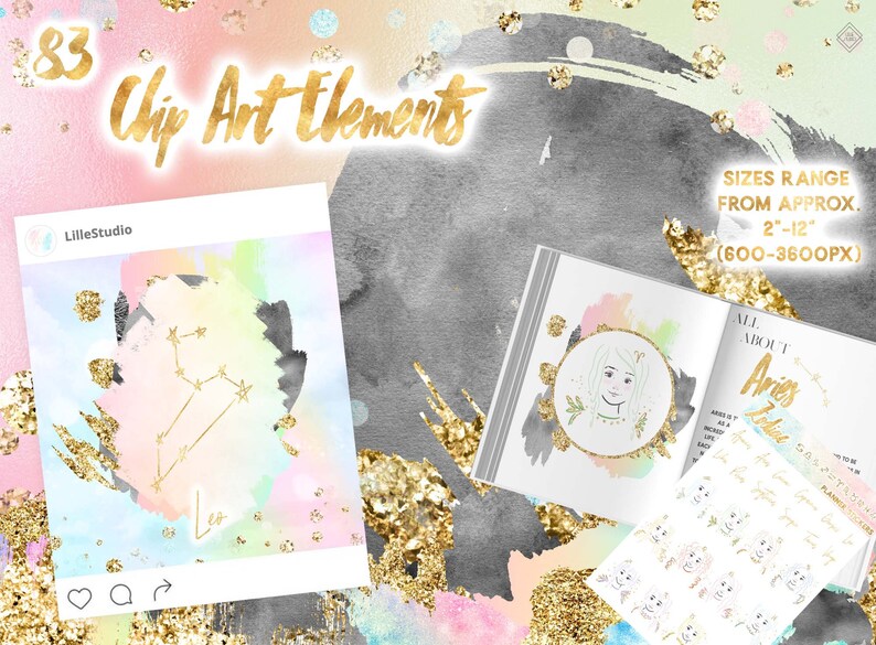 May include: 83 watercolor and gold glitter clip art elements featuring zodiac signs, including Leo and Aries. The image shows a watercolor background with gold glitter accents. The zodiac signs are drawn in gold and are surrounded by a watercolor background. The image also includes a text box with the words "All About Aries".