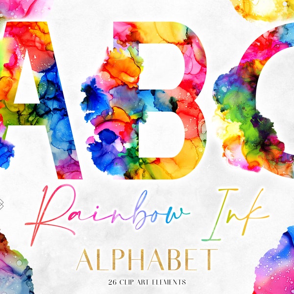 Rainbow Ink Alphabet Clipart - Colorful Watercolor Cloud Monogram PNG - Neon Abstract Letter Graphics - Bright Modern Digital Lettering
