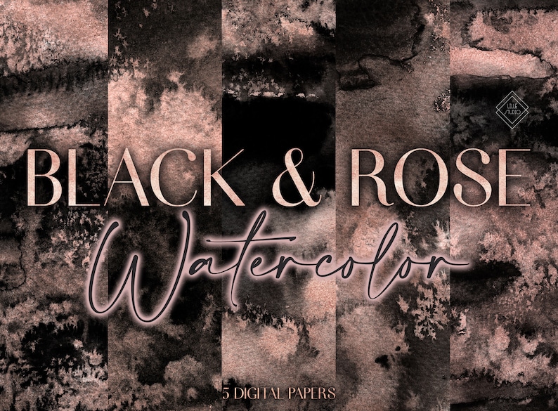 May include: Five digital papers featuring abstract watercolor designs in black and rose gold. The papers are perfect for creating backgrounds, invitations, and other digital projects.