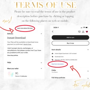 以下が含まれることがあります： Etsy の商品リストが表示された携帯電話の画面のスクリーンショットです。リストは、手作りの商品のデジタルダウンロード用です。リストには、商品の説明、販売者の詳細、販売者のショップポリシーへのリンクが含まれています。画面のテキストには、「利用規約」、「この商品について詳しく知る」、「インスタントダウンロード」、「商品詳細」、「商品の説明を読む」、「FAQ」、「ショップポリシー全体」、「販売者と会う」、「J.C.」、「LilleStudio のオーナー」、「カートに追加」、「今すぐ購入」、「手作りの商品」と表示されています。