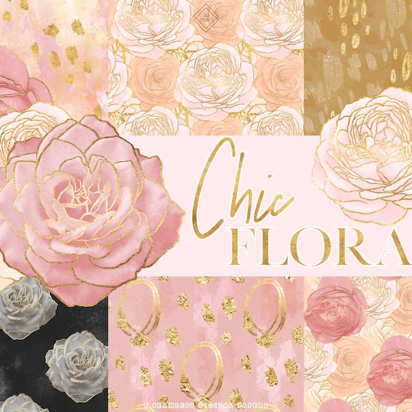 Chic Floral Seamless Digital Paper - Rose Gold Flower Abstract Pattern Papers - Peach Flowers Patterns - Pink Blush Modern Glam Background