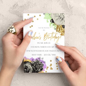 May include: A white invitation card with gold lettering that says "You're Invited to  Kelsey's Birthday!"  The card has a floral design with black, white, and gold flowers. The text also includes "Please Join Us", "Saturday, March 4th 12p-5p", "5938 Westwood St, Los Angeles, 91234", and "RSVP Mary - 123-456-7890".