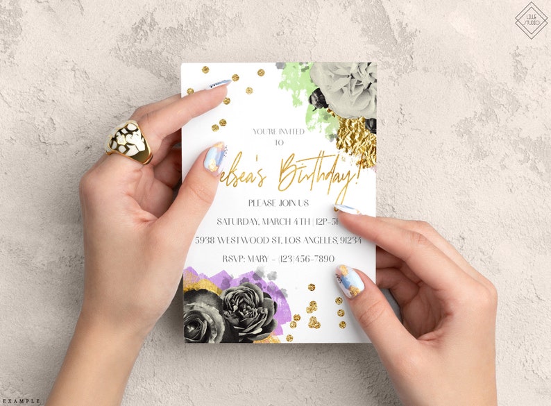 May include: A white invitation card with gold lettering that says "You're Invited to  Kelsey's Birthday!"  The card has a floral design with black, white, and gold flowers. The text also includes "Please Join Us", "Saturday, March 4th 12p-5p", "5938 Westwood St, Los Angeles, 91234", and "RSVP Mary - 123-456-7890".