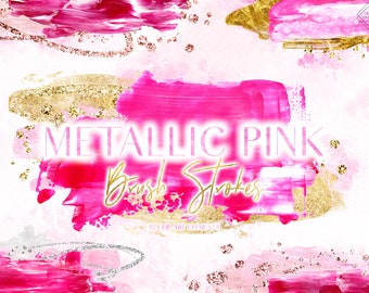 Metallic Pink Brush Stroke Clipart: Modern Rose Gold & Silver Glitter Graphics (PNG Digital Download)