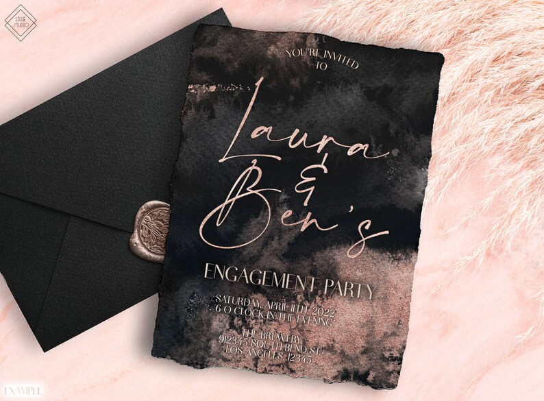 May include: Black and rose gold engagement party invitation with a watercolor background. The invitation reads "You're invited to Laura & Ben's Engagement Party" with the date and time of the party and the location: "The Brewery, 91234 South Bend St, Los Angeles 12345".