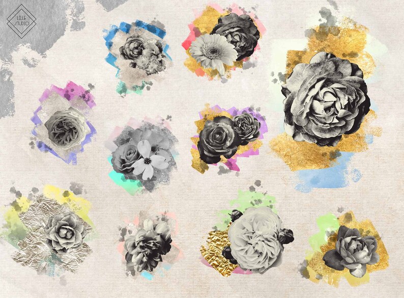 May include: A digital collage of black and white floral images with watercolor accents in various colors, including pink, blue, green, and gold.