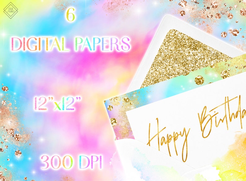 May include: Six digital papers with a rainbow tie-dye background and gold glitter accents. The papers are 12 inches by 12 inches and 300 DPI.