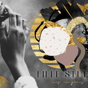 May include: Abstract art print with gold, black, and white colors. The print features a hand holding a rose, a geometric shape with a terrazzo pattern, and the text "LILLE STUDIO Los Angeles".