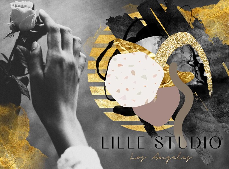 May include: Abstract art print with gold, black, and white colors. The print features a hand holding a rose, a geometric shape with a terrazzo pattern, and the text "LILLE STUDIO Los Angeles".