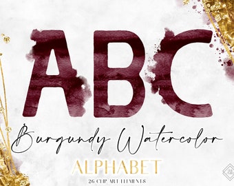 Burgundy Watercolor Alphabet Clipart: Red Monogram Letter PNG Graphics (Digital Download)