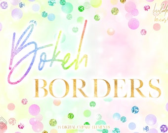 May include: A digital clipart set of 14 colorful borders with a rainbow gradient and glitter accents. The text "Booked" is written in a rainbow gradient font. The text "Borders" is written in a gold font. The text "14 Digital Clipart Elements" is written in a black font.