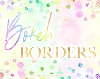 Bokeh Glitter Digital Borders Clipart - Rainbow Confetti Border Clip Art - Frame Graphics - Pink Blue Green Purple Yellow Orange PNG Frames