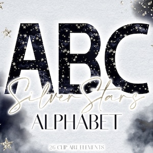 Silver Star Digital Alphabet Clipart - Dark Blue Cloud Night Sky Letter Graphics - Metallic Grey Glitter Celestial Monogram PNG Lettering
