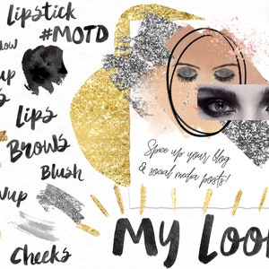 May include: A digital illustration of makeup-related words and phrases, including "lashes", "lipstick", "eyeshadow", "makeup", "eyes", "lips", "brows", "blush", "#glowup", "cheeks", and "#MOTD". The illustration also includes a close-up of a woman's eyes with dramatic eye makeup, and the phrase "Spice up your blog & social media posts!" in black text. The words "My Look" are written in large, black letters at the bottom of the image.