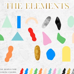 May include: The Elements graphic design template features a variety of shapes, including circles, triangles, squares, and organic shapes. The shapes are in a variety of colors, including pink, blue, green, yellow, orange, red, and black.