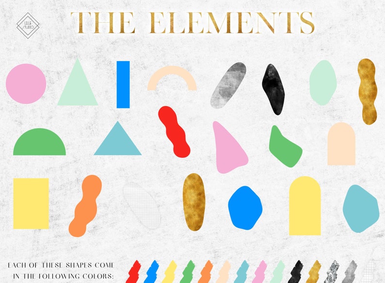 May include: The Elements graphic design template features a variety of shapes, including circles, triangles, squares, and organic shapes. The shapes are in a variety of colors, including pink, blue, green, yellow, orange, red, and black.