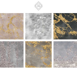 May include: Six digital paper textures featuring different marble patterns with gold accents. The patterns include gray, black, and pink marble with gold glitter.