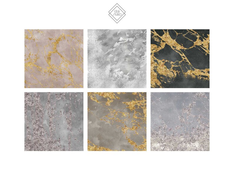May include: Six digital paper textures featuring different marble patterns with gold accents. The patterns include gray, black, and pink marble with gold glitter.