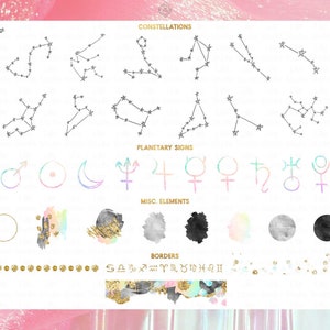 May include: A set of digital clipart featuring constellations, planetary signs, and miscellaneous elements. The clipart is in a watercolor style with gold glitter accents. The text "CONSTELLATIONS", "PLANETARY SIGNS", "MISC. ELEMENTS", and "BORDERS" is included in the image.
