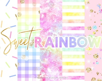 Pastel Rainbow Seamless Digital Paper: Colorful Watercolor, Glitter Confetti, Stripe Gingham Pattern, Birthday Backgrounds