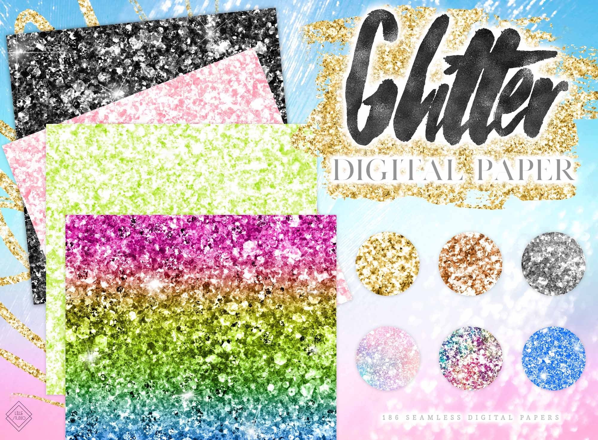 Seamless Glitter Digital Paper Bundle: Rainbow, Gold, & Silver Confetti ...