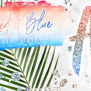 Red Blue Glitter Digital Alphabet Clipart - 4th July Letter Clip Art - Independence Day Letters Overlay - Printable Lettering Graphics PNG