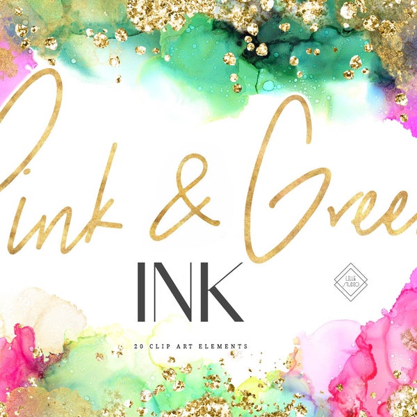 Pink Green Alcohol Ink Clipart - Watercolor PNG Clip Art - Glitter Water Color Overlay Graphics - Abstract Digital Logo Background Overlays