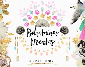 Watercolor Boho Clipart: Floral Mandala Bohemian Graphics, Wanderlust Tribal Floral Yoga PNG (Digital Download)