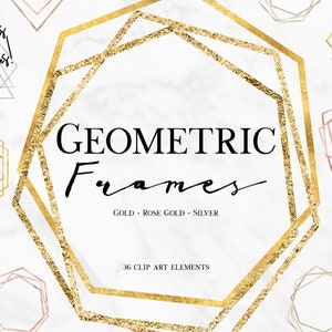 Geometric Frame Clipart - Rose Gold Silver Frames Clip Art - Abstract Foil Digital Border - Modern Wedding Invitation Borders - PNG Overlay