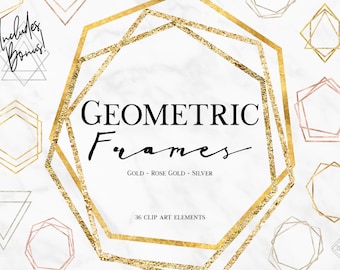 Geometric Frame Clipart: Rose Gold & Silver Foil Glitter Borders (Digital Download)