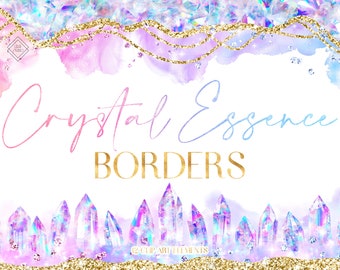 12 Quartz Crystal Geode Borders: Watercolor Pastel Clip Art PNG with Gold Glitter
